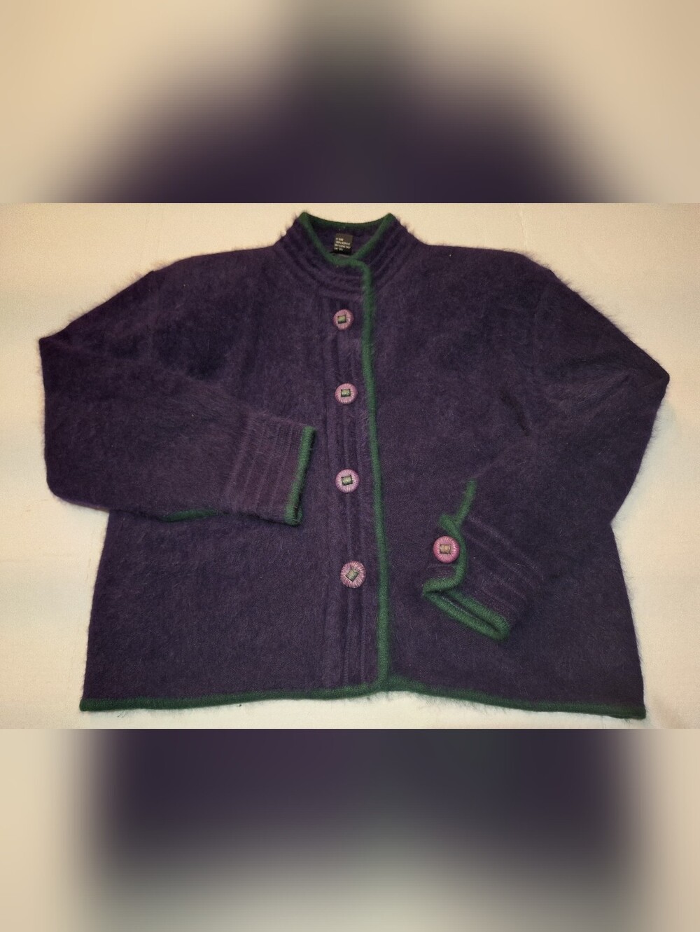 Vtg Venesha High Quality Purple Angora Cardigan Sweater Chunky Buttons Large